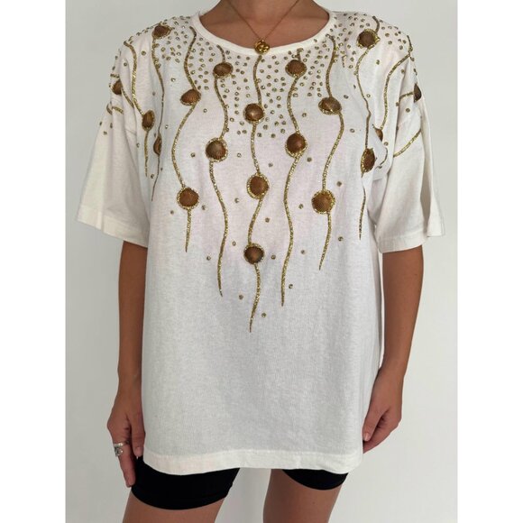 80s white embellished seashell gold funky retro beach vacation cotton tee shirt - Picture 6 of 9